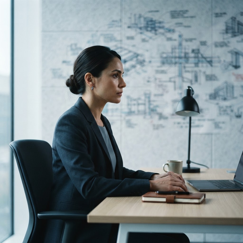 A concentrated professional looking at infrastructure plans in a modern office