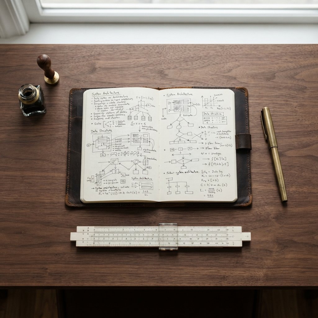 Analog tools including a notebook and pen on a clean desk
