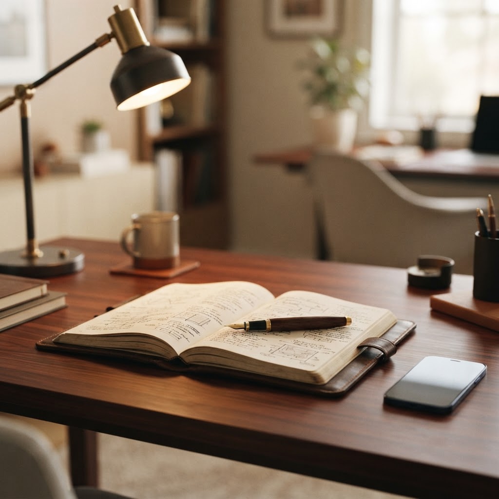 Clean workspace with planner and pen