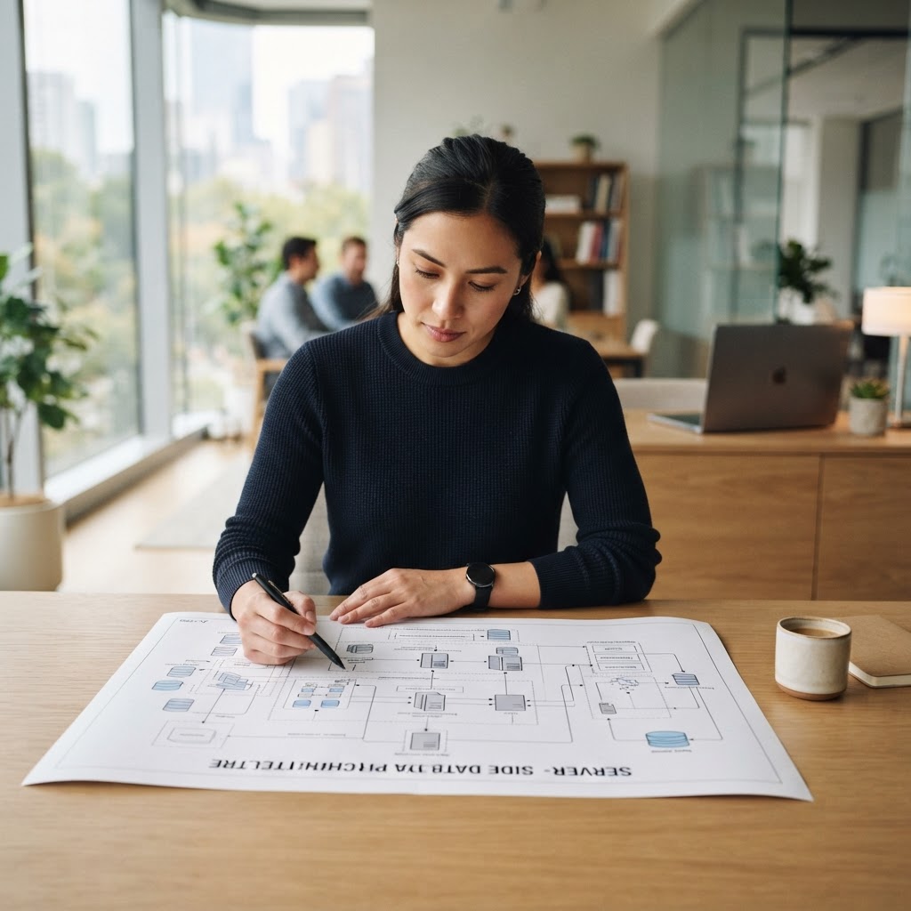 Data engineer reviewing architecture plans at a desk