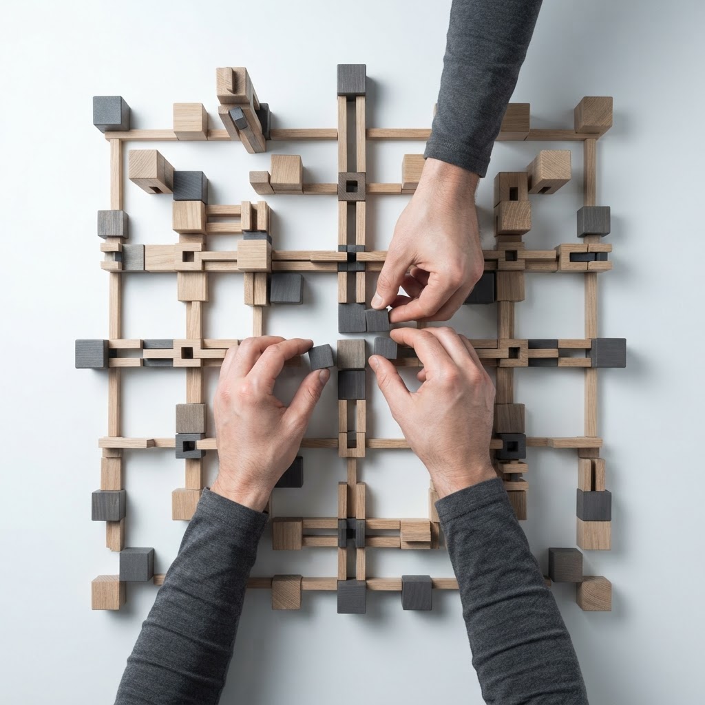Hands organizing modular components for technical infrastructure