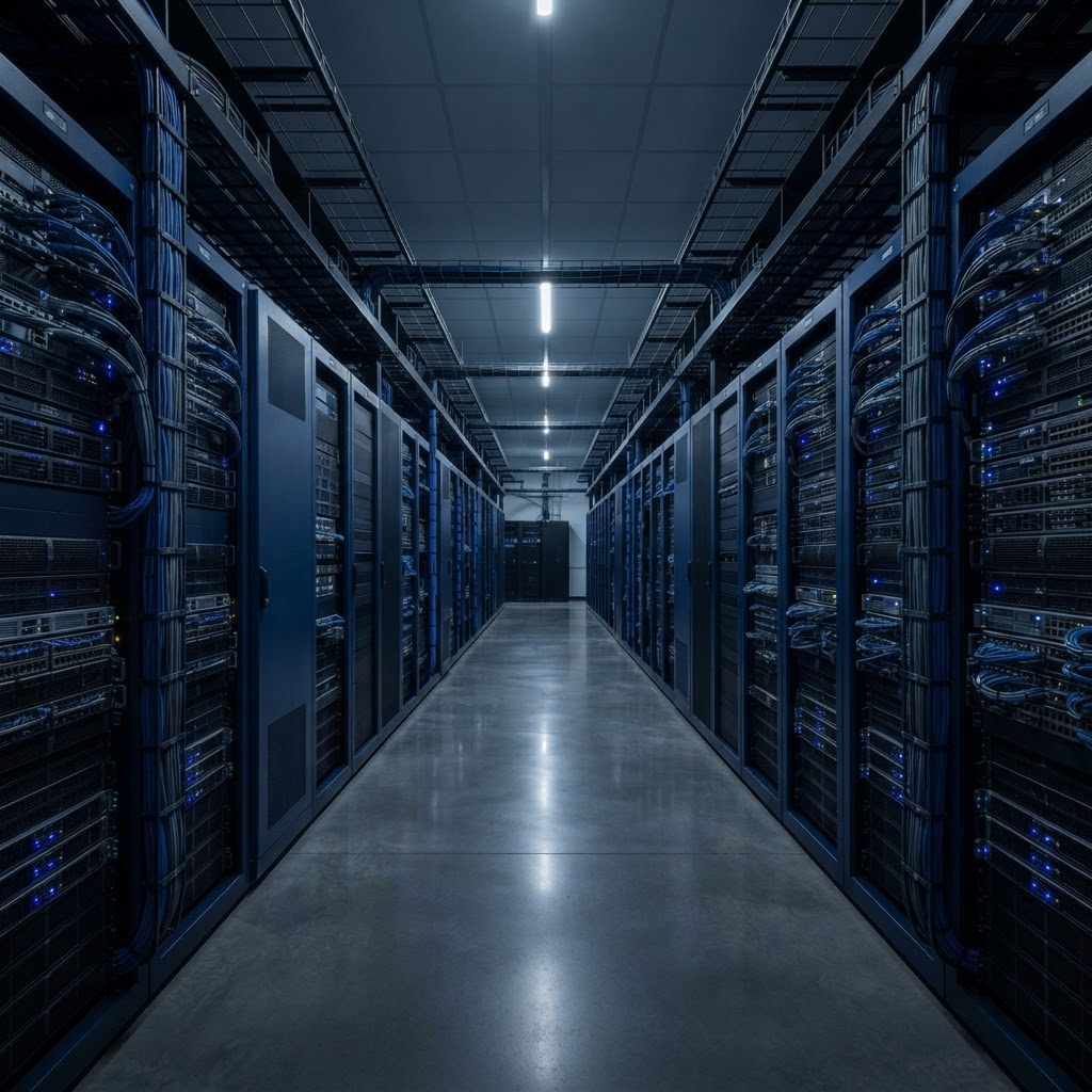 Rows of structured server infrastructure in a quiet room