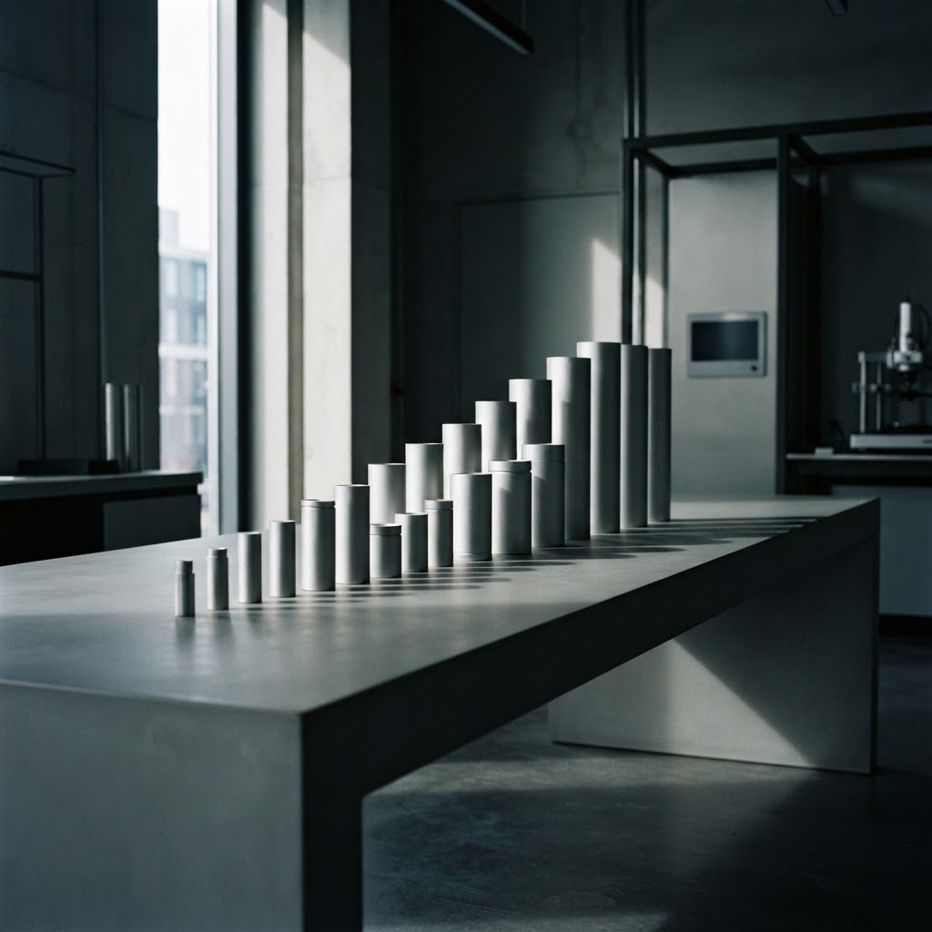 A series of precisely arranged metal cylinders on a table