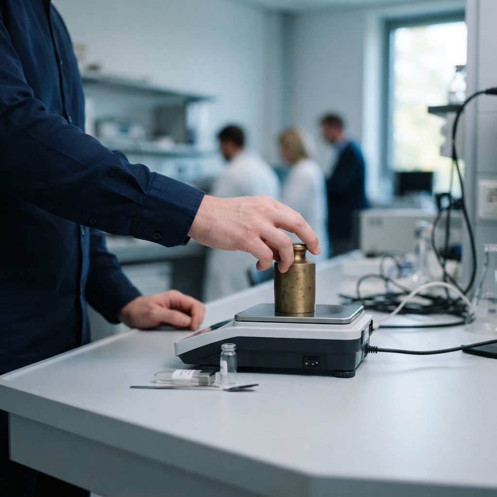 Hands carefully adjusting a brass weight on a desk