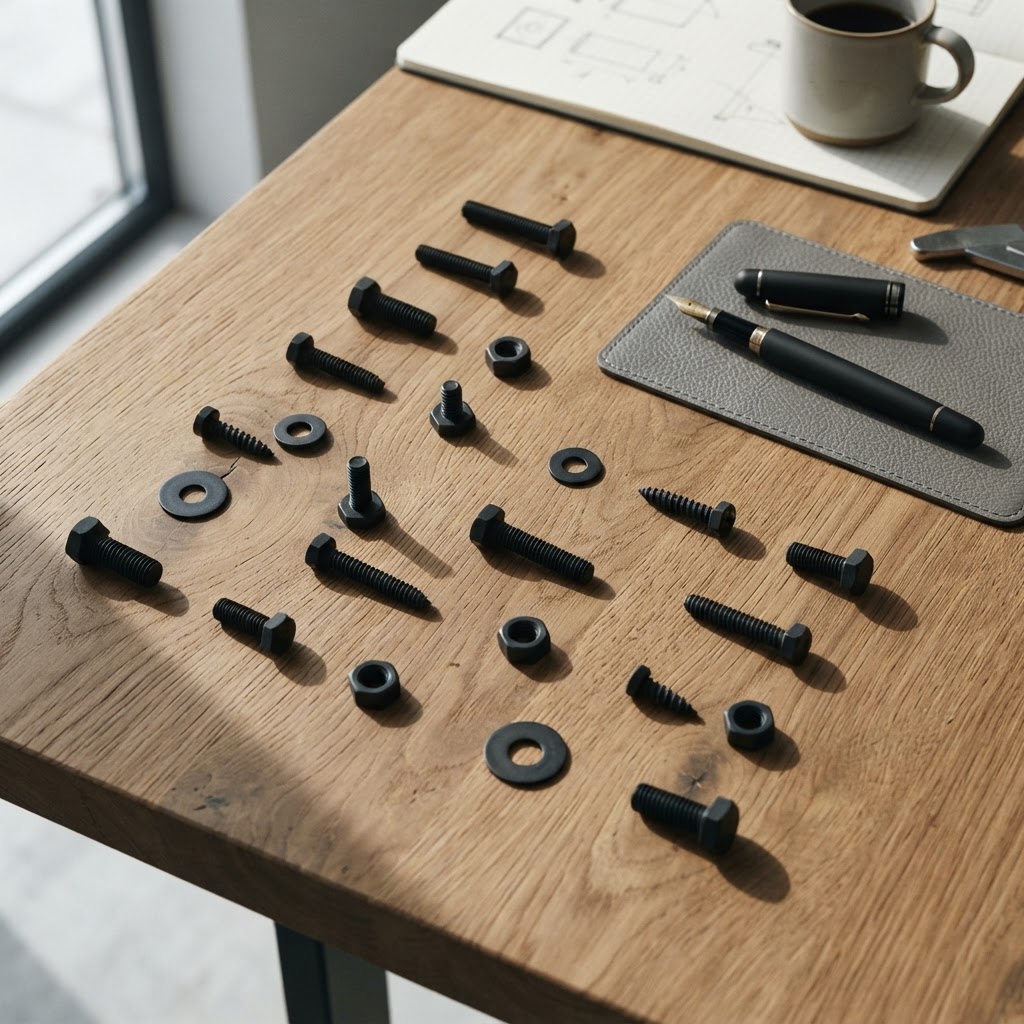 Industrial metal parts and a fountain pen on a desk