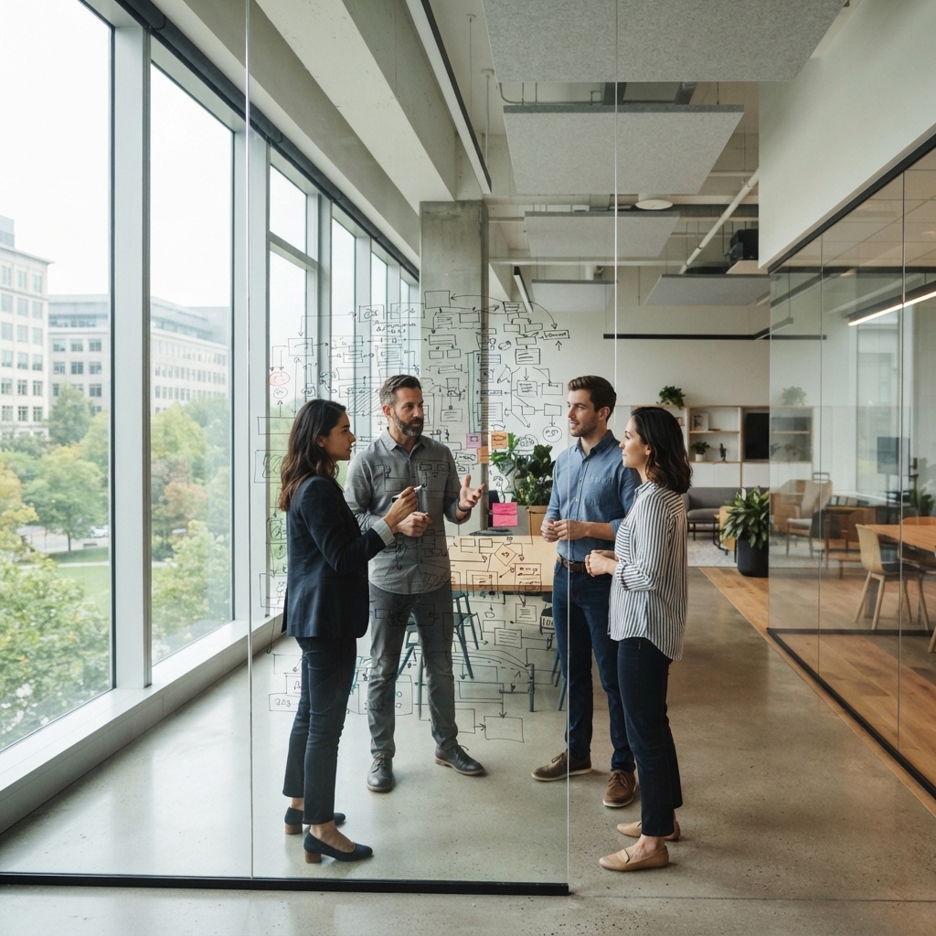A small professional team collaborating on a whiteboard