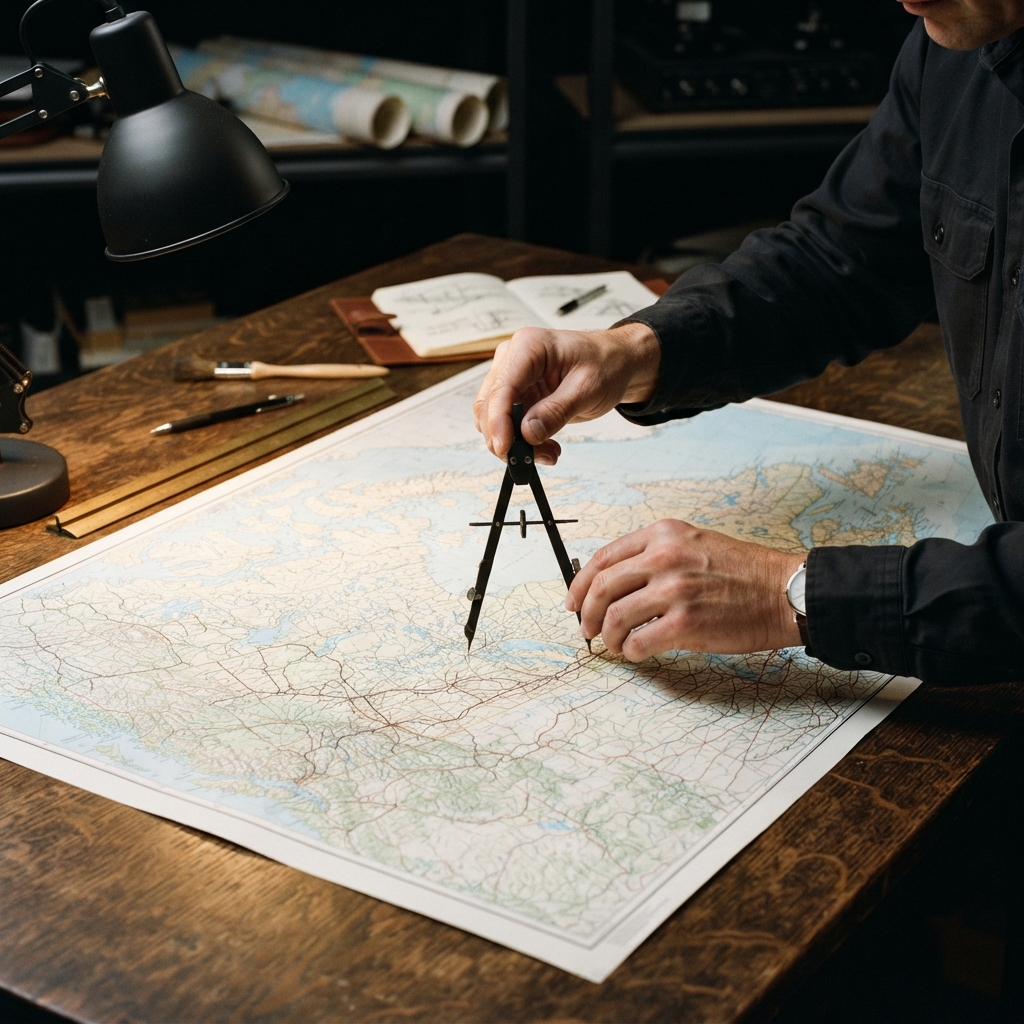 Technician working with maps and drafting tools
