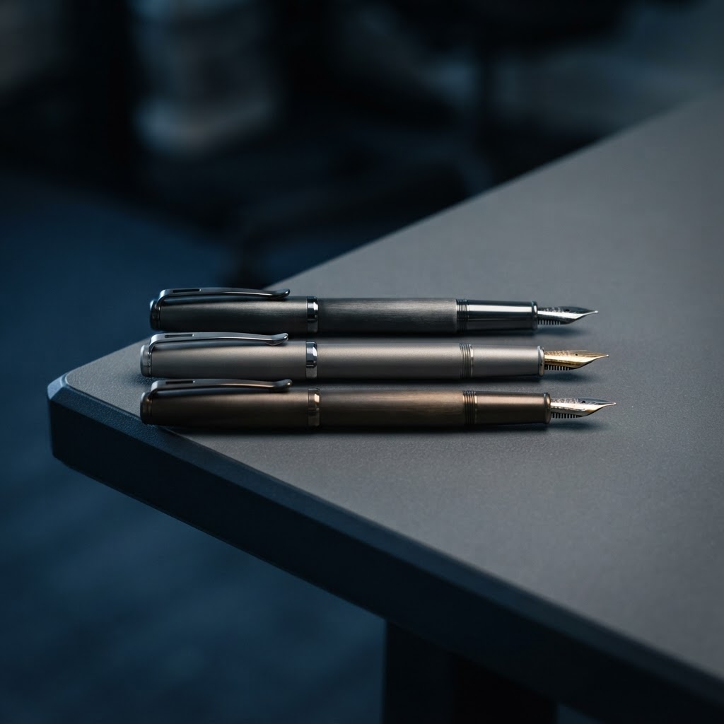 Close up of high end metal pens on a matte desk