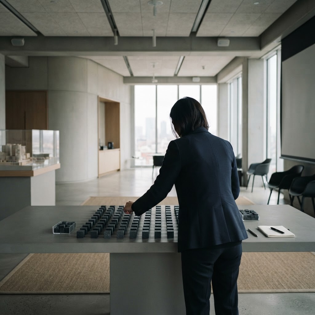 Person arranging data cubes on a large architectural table