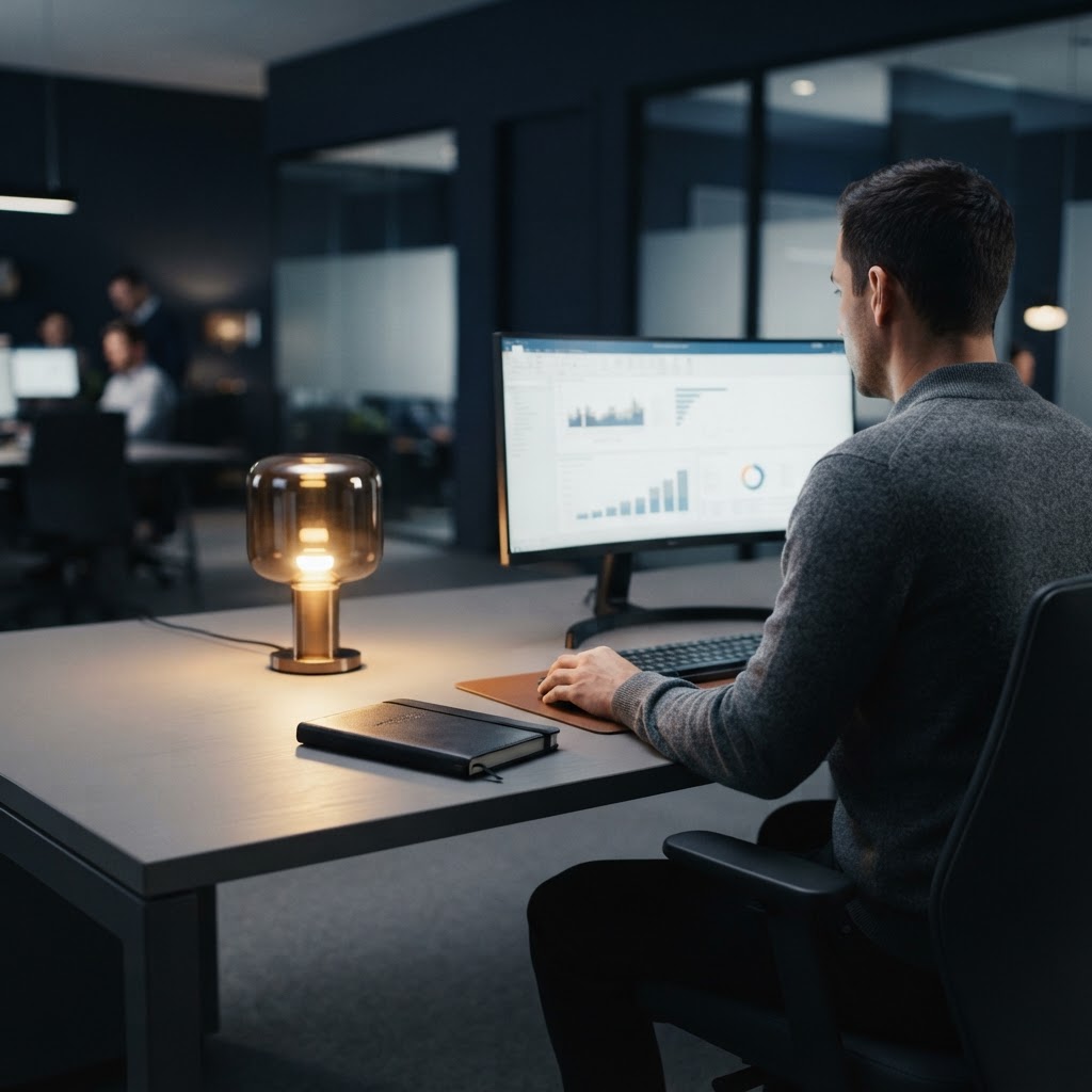 Professional analyst working at a clean minimalist desk