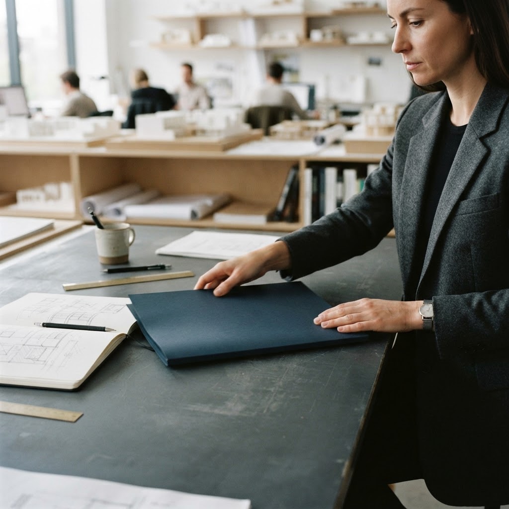 A professional reviewing documents at a clean desk