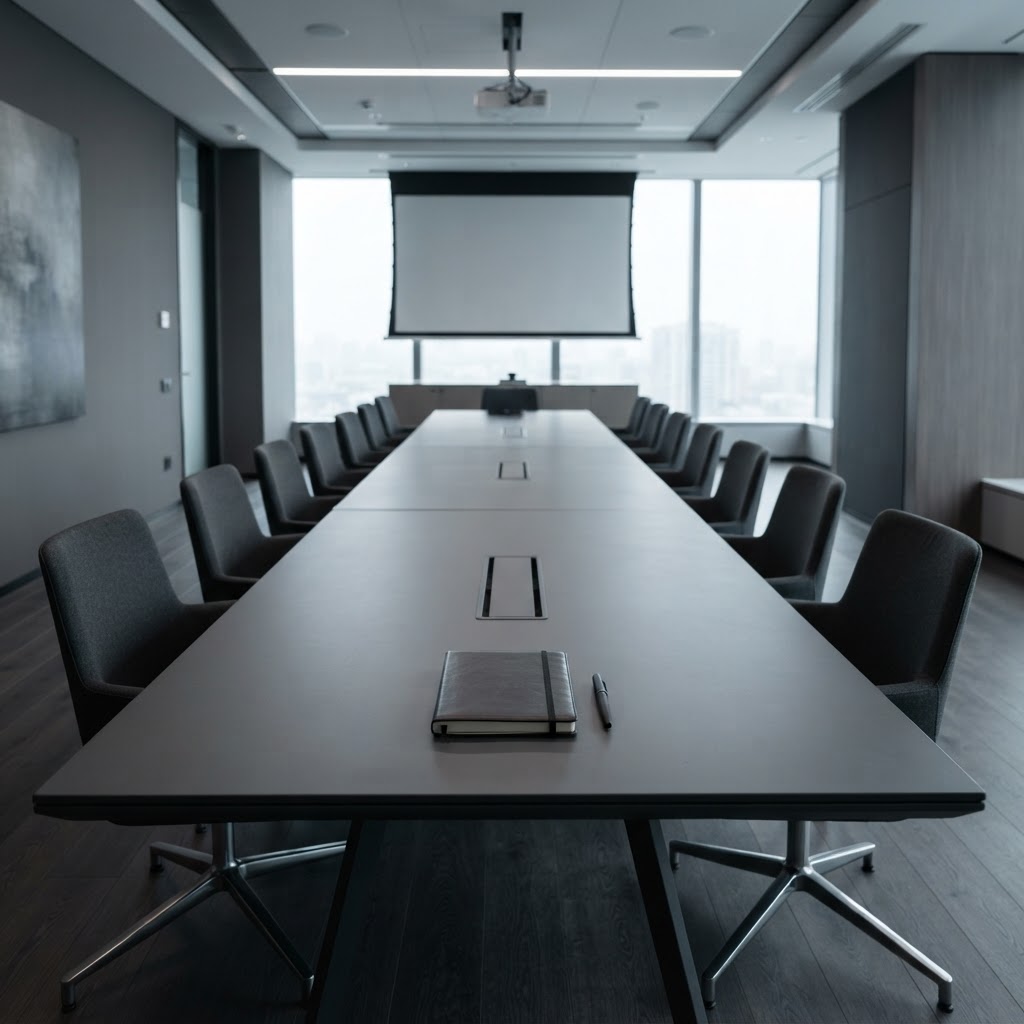 Empty strategy room with notebook and pen