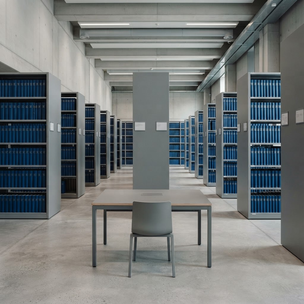 Architectural library archive with deep blue ledgers and clean desk