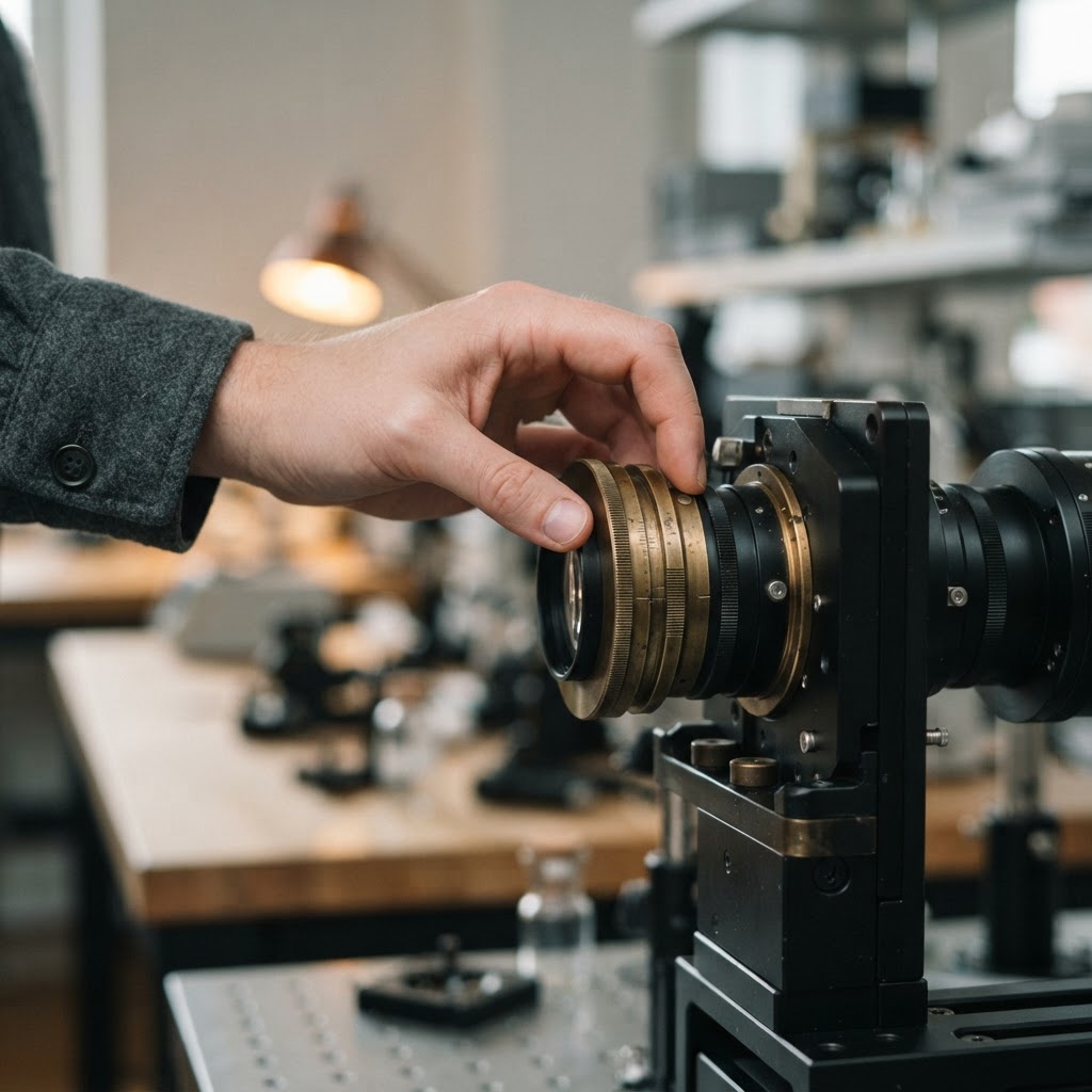 Close up of hands adjusting professional precision optical equipment
