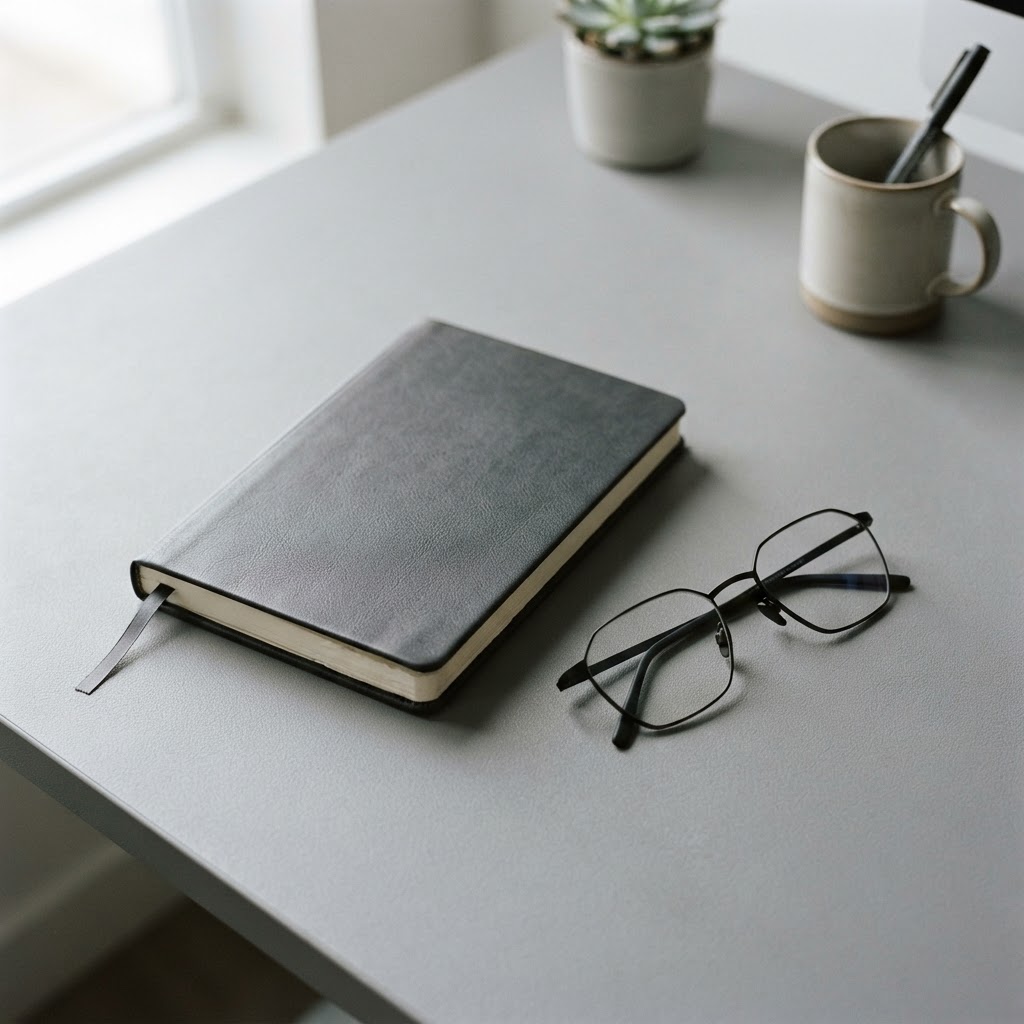 Technical glasses and blank leather journal on a minimalist desk