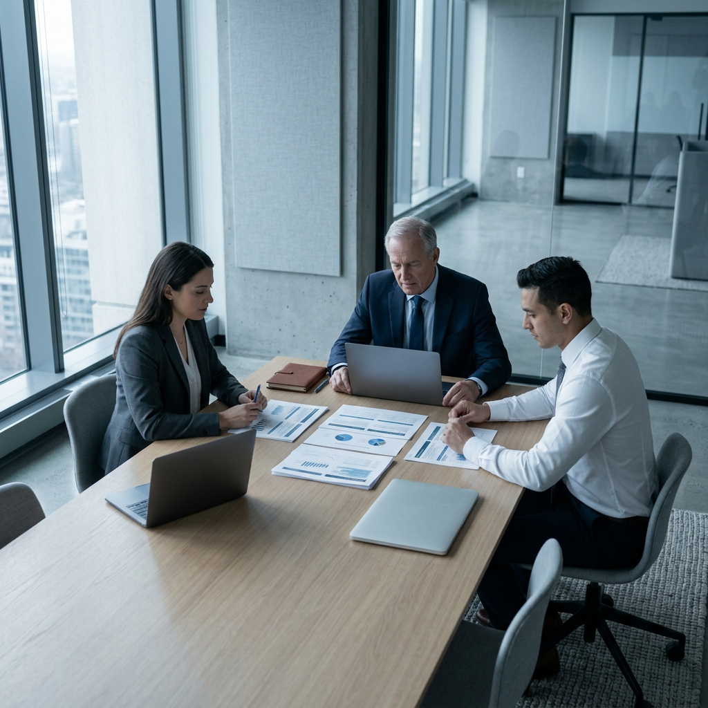 Brokerage team collaboration session evaluating CRM platforms