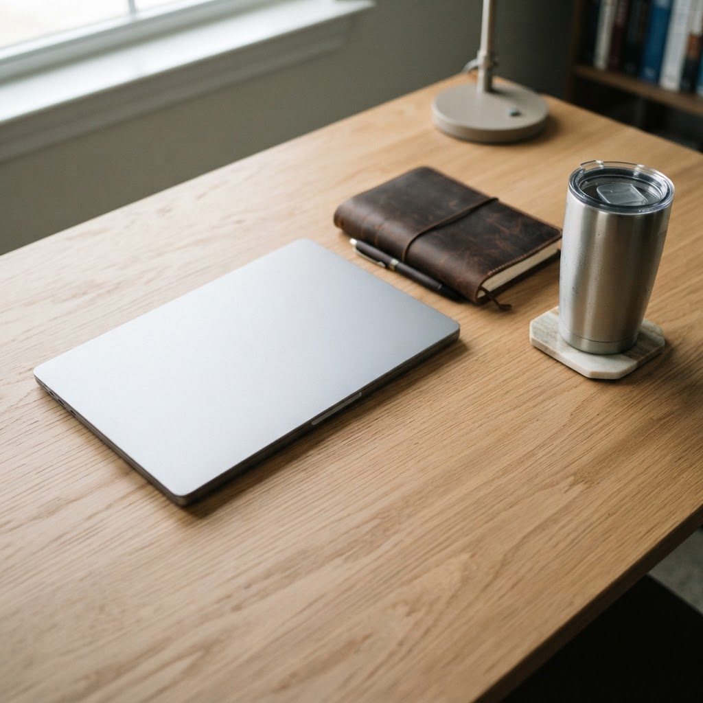 Professional workspace with notebook and closed laptop