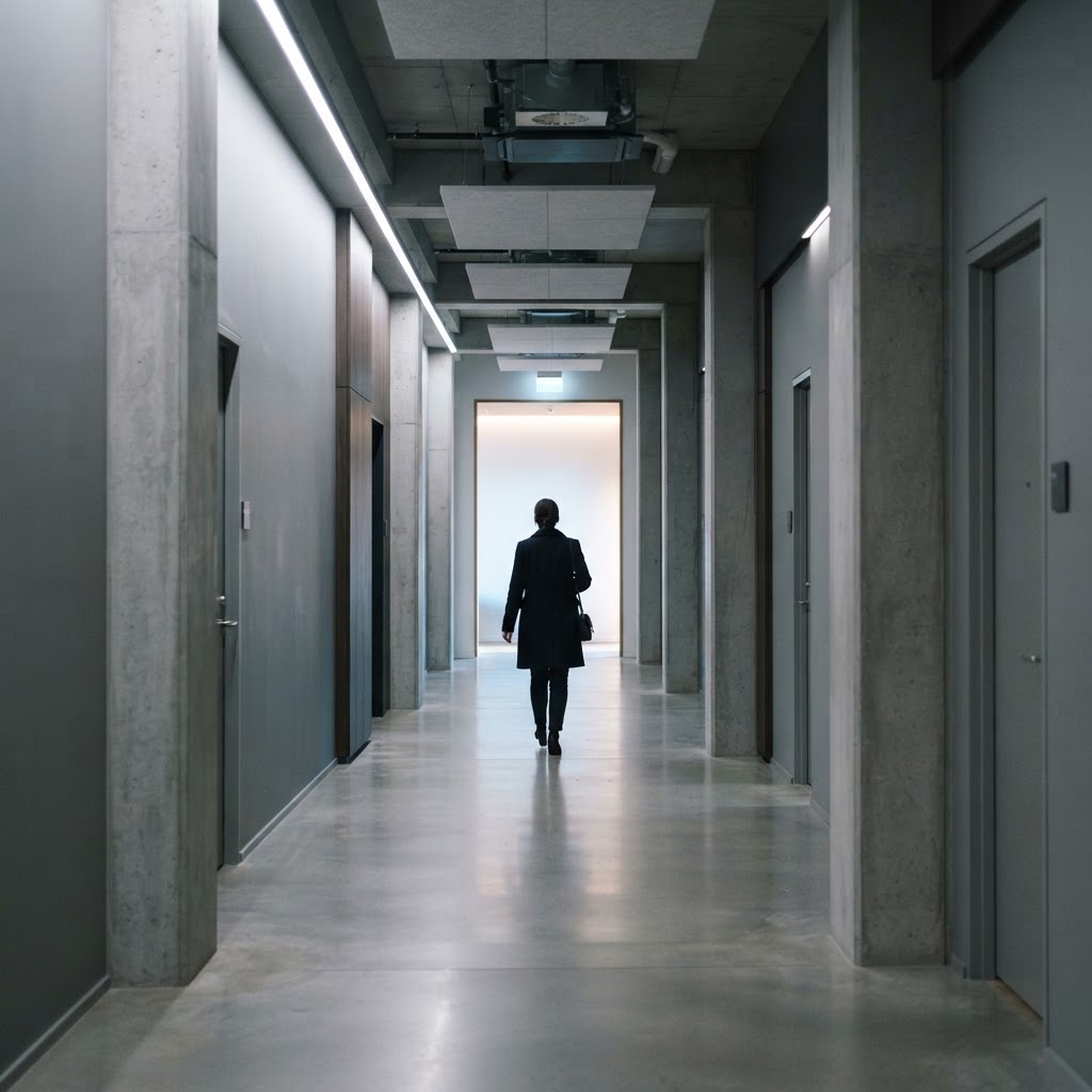 Person walking down a minimalist architectural office corridor