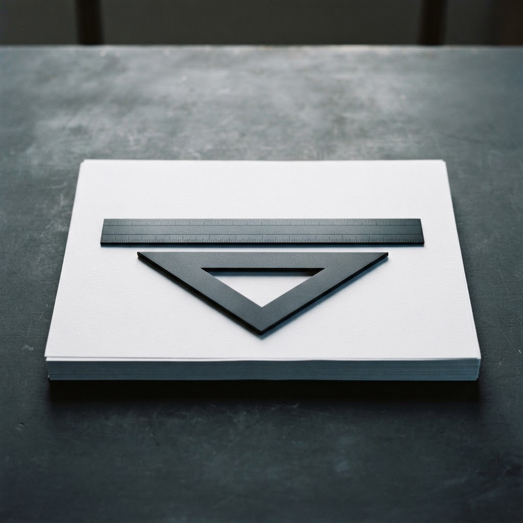 Precision metallic drafting tools resting on blank paper stack