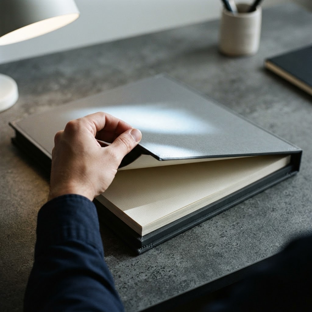 Professional hands opening a clean gray portfolio on a desk