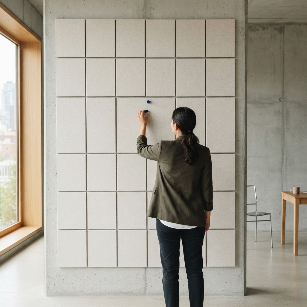 Person adjusting a magnetic marker on a wall