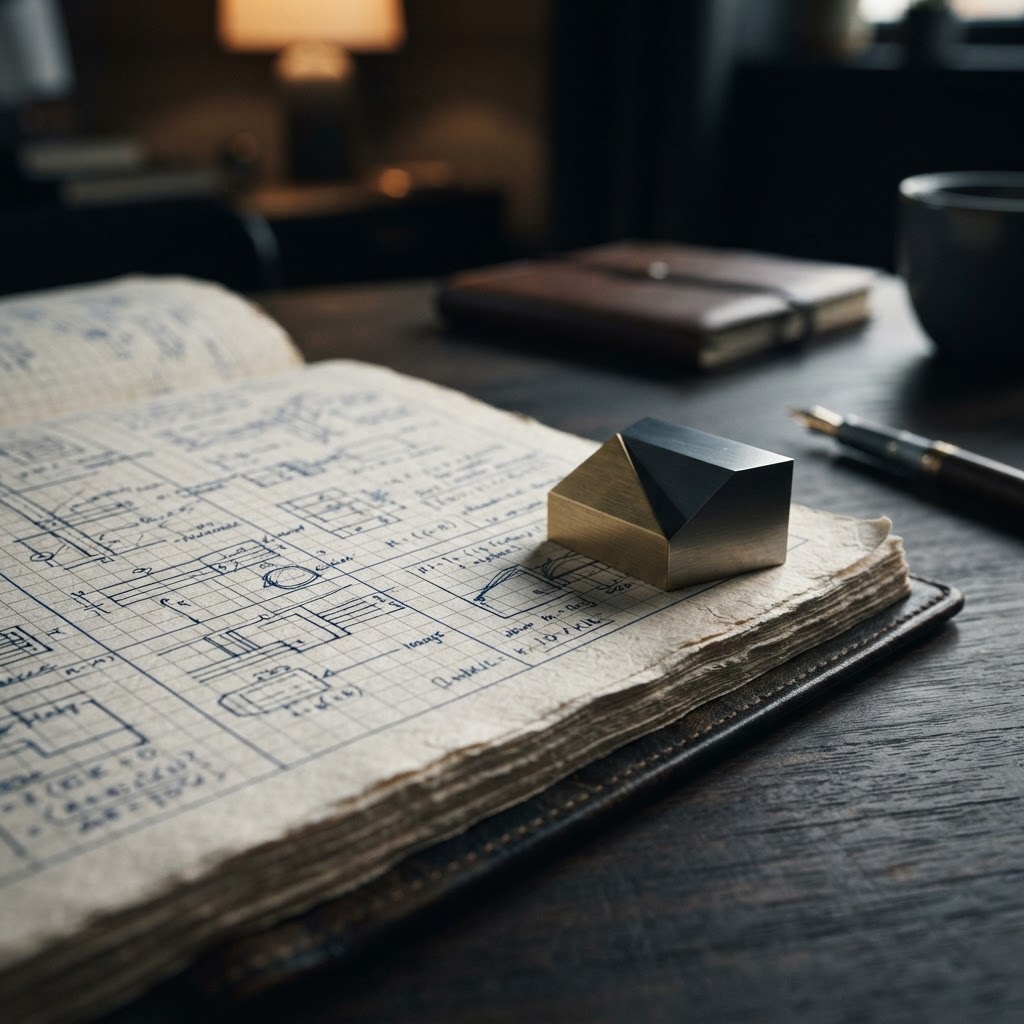 Close up of technical ledger and geometric paperweight