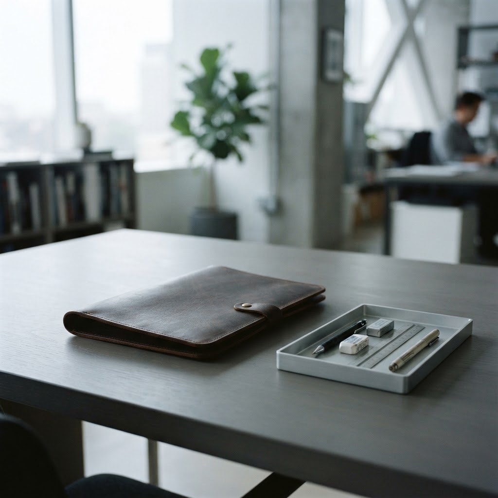 Minimalist desk space with leather folio and drafting tools