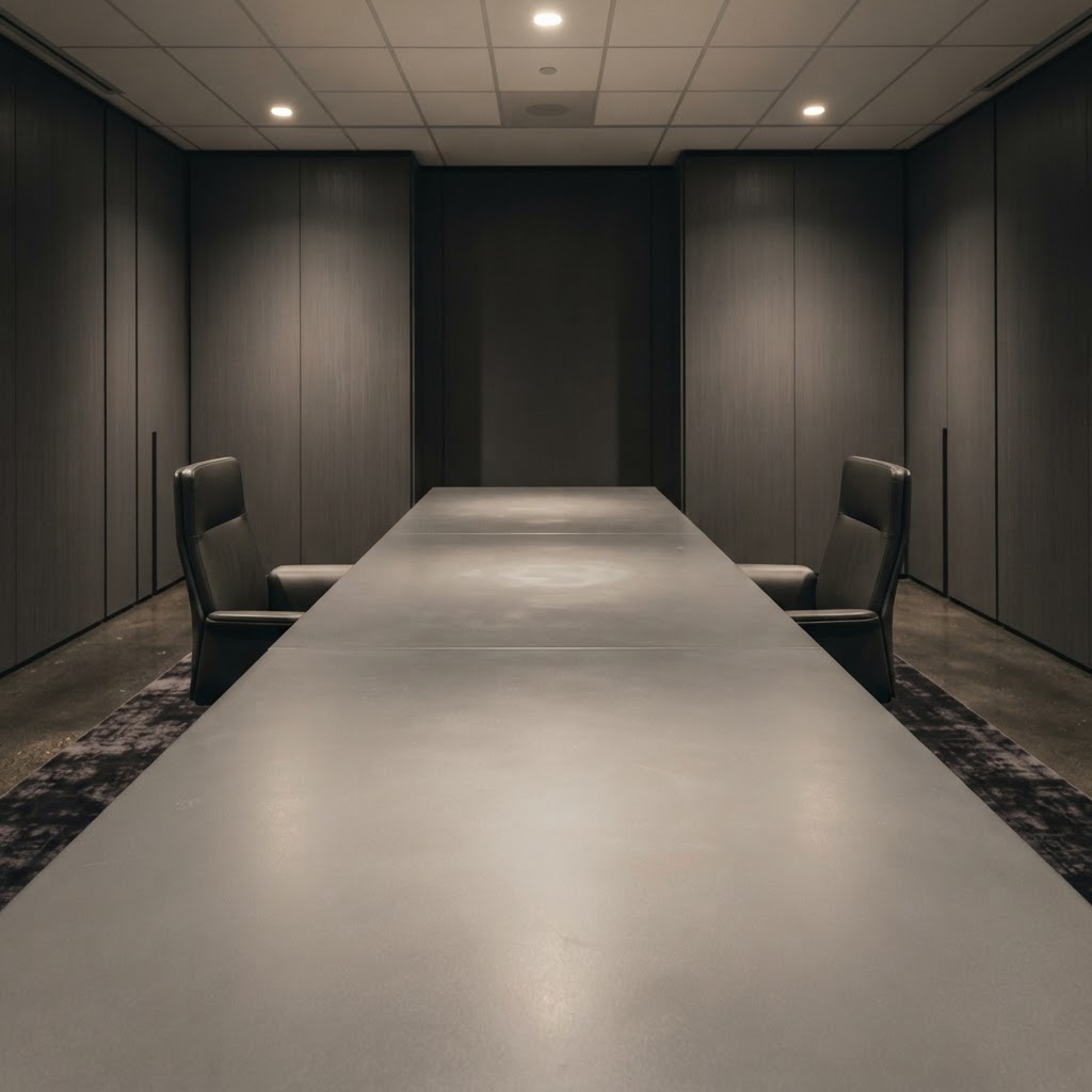Wide view of a minimalist professional meeting space