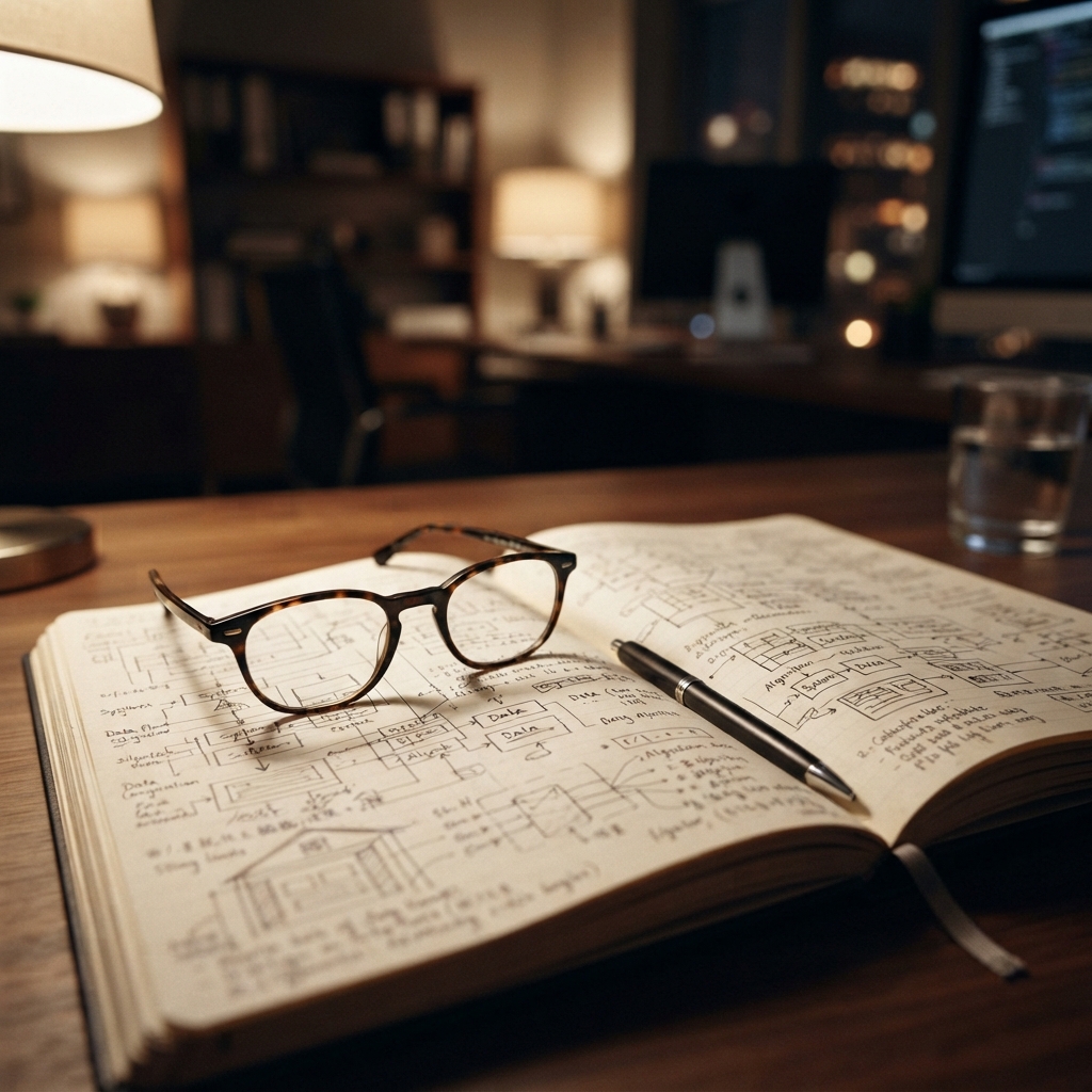 Close up of technical notes and glasses on a desk