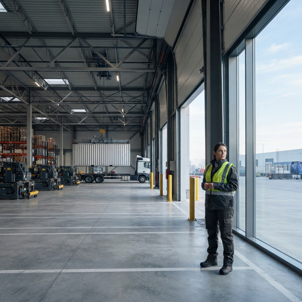 Logistics coordinator inside a modern industrial warehouse at a loading dock