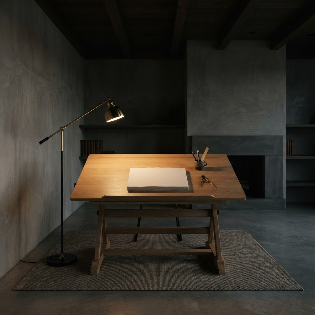 A minimalist home office with a drafting table
