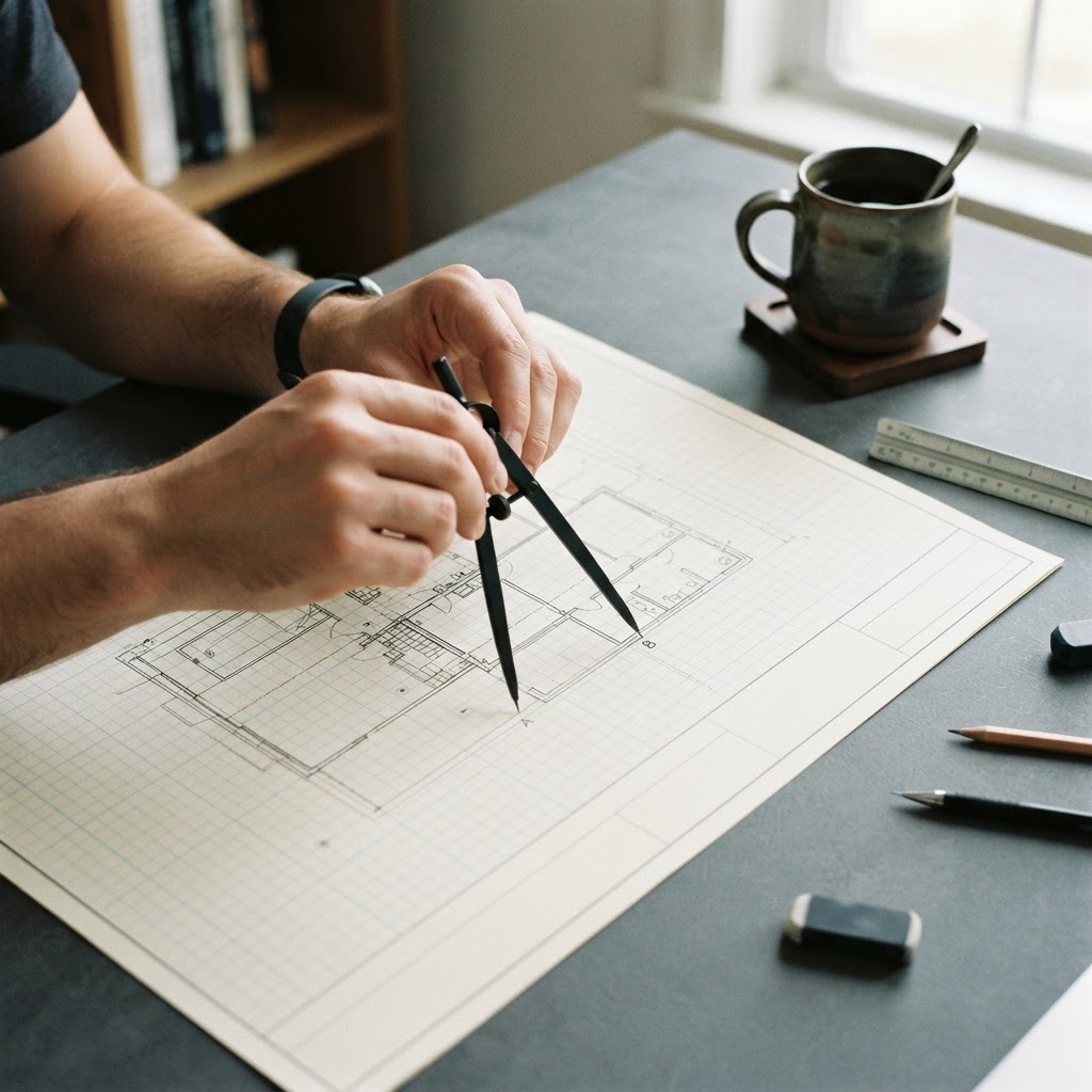 Hands using drafting dividers on a grid paper