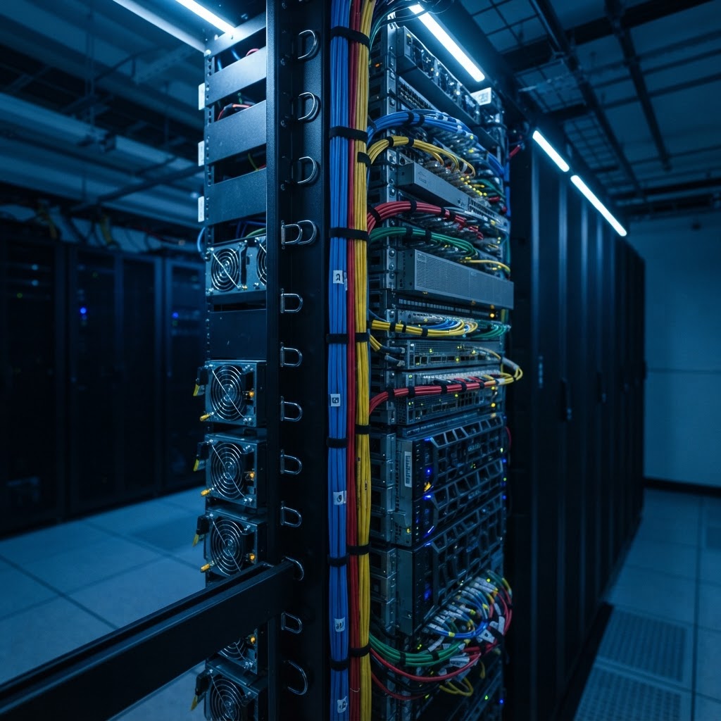 Organized server room infrastructure close up