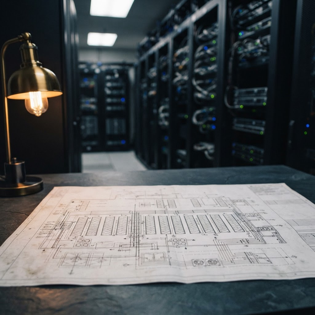 Architectural blueprints on a desk in a technical facility