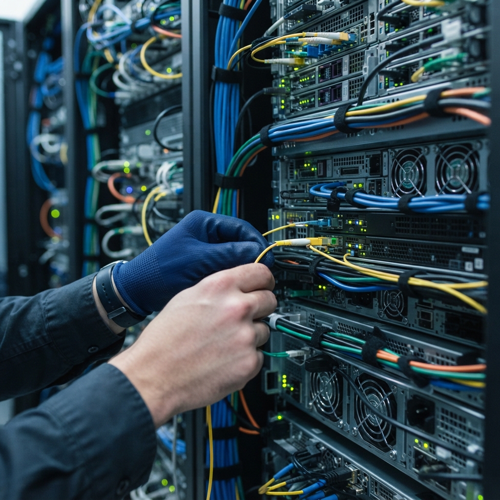 Engineer hands connecting a cable into a server rack