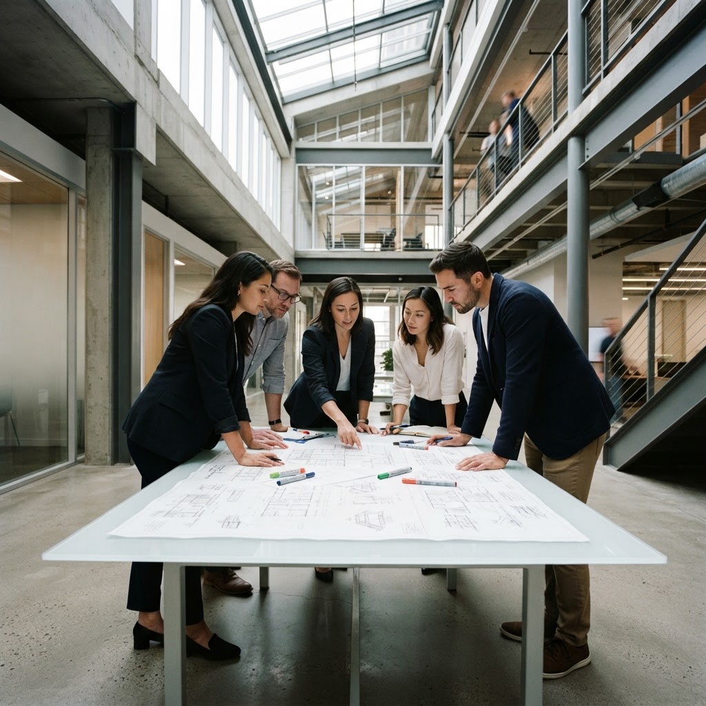 Team members planning over large architectural blueprints on a table