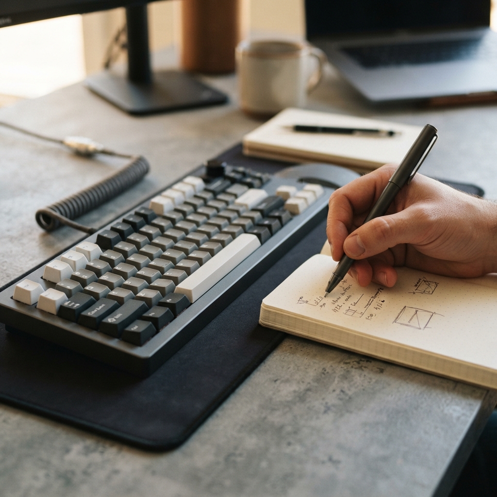 Close up of professional workspace tools and notebook