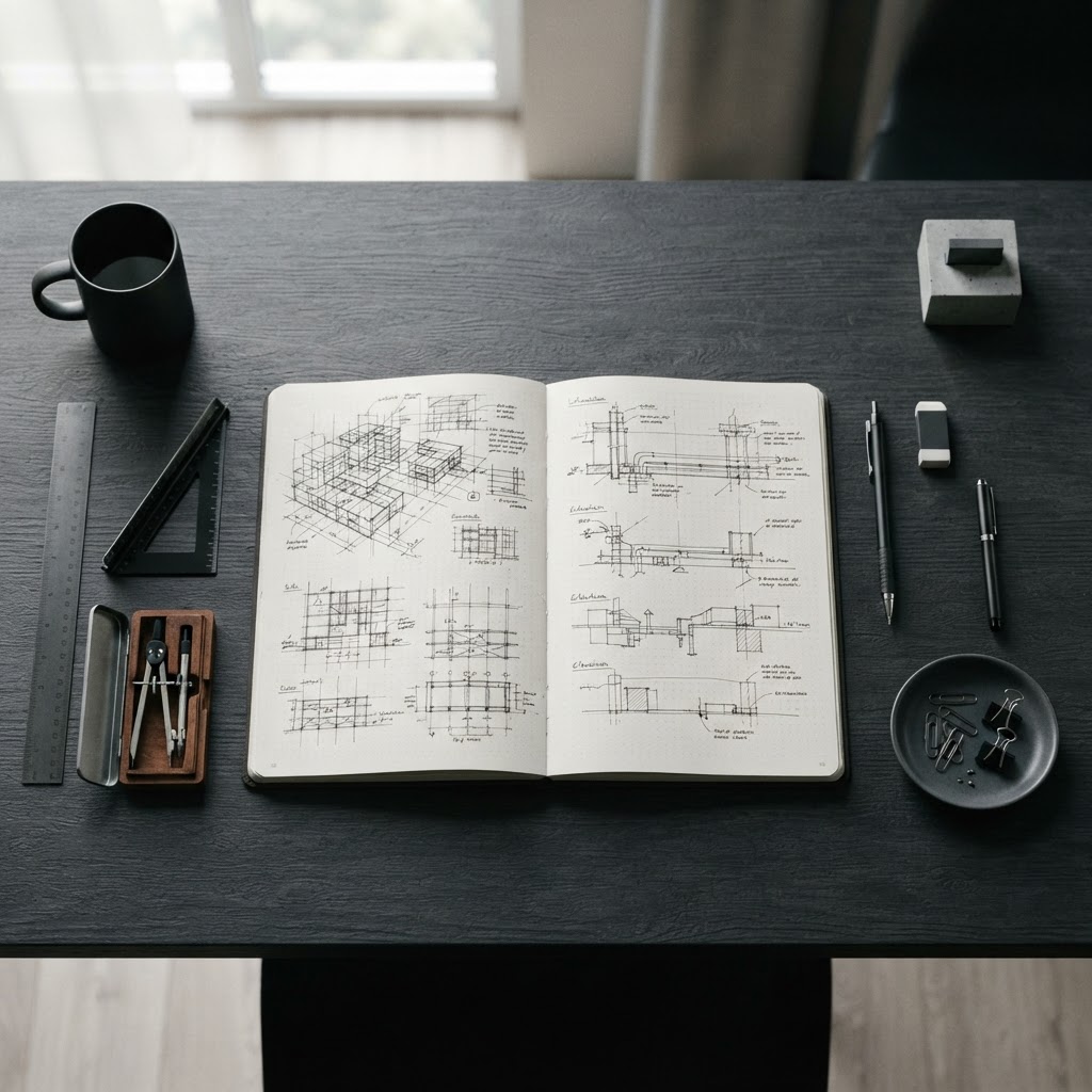Overhead view of technical planning workspace