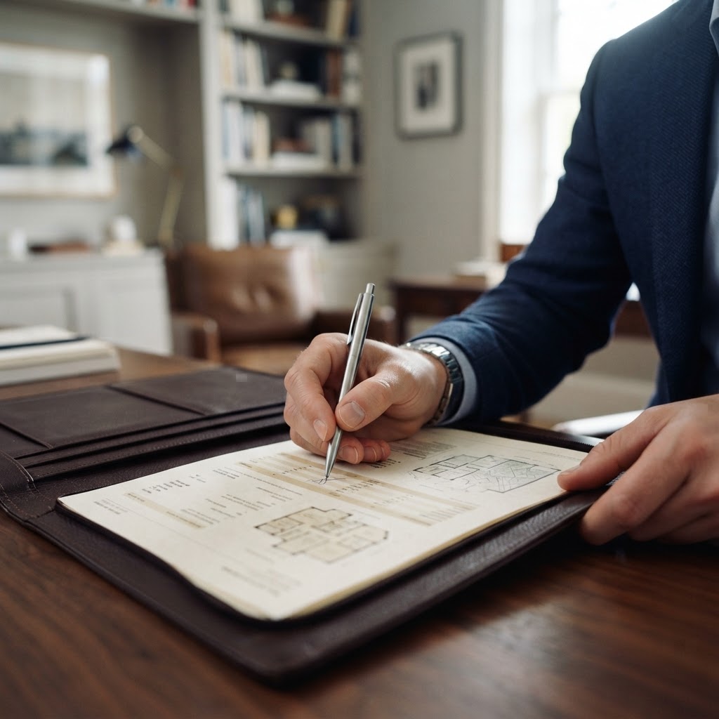 Close up of someone signing or reviewing real estate documents