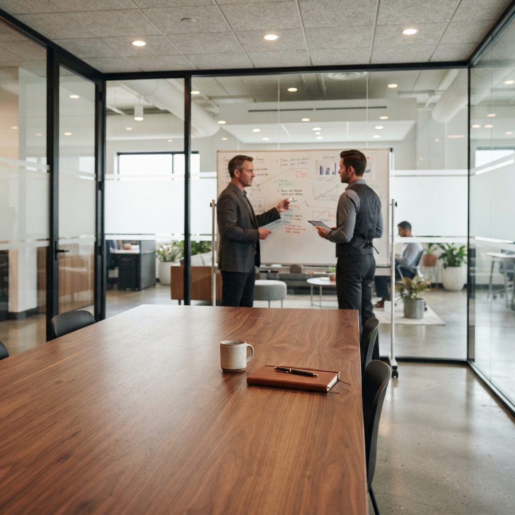 Professional office workspace with team discussing in background