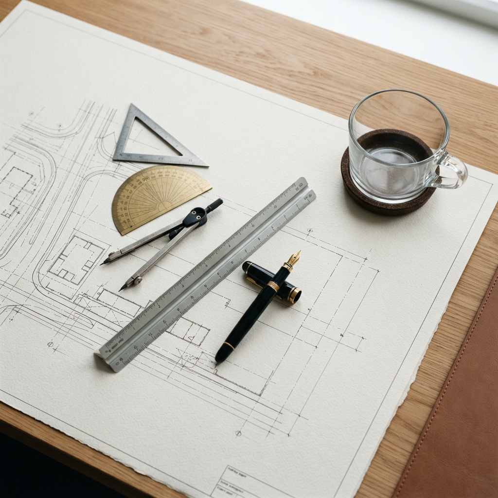 Technical tools and stationery on a clean desk