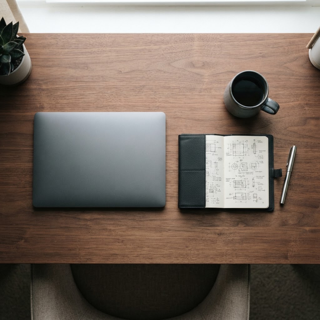 Clean minimalist workspace with notebook and laptop