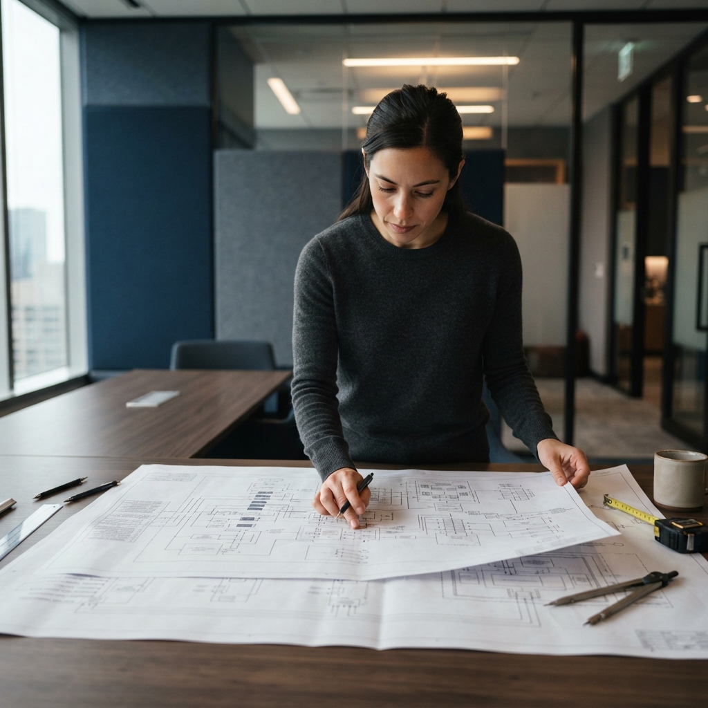 Data engineer reviewing technical blueprints