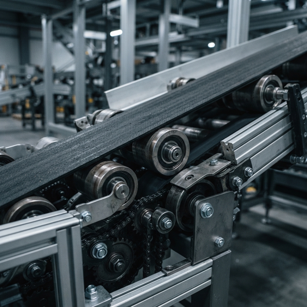 Close up of industrial shipping conveyor components