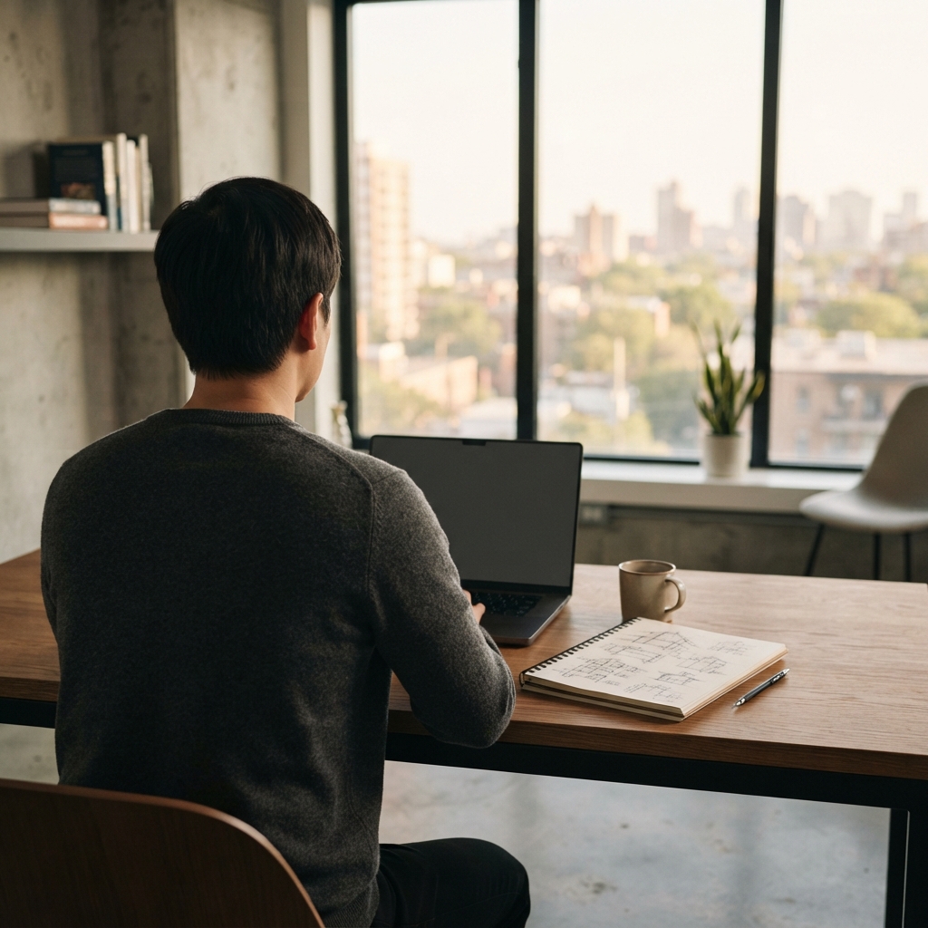 Focused operator workspace in a quiet office setting