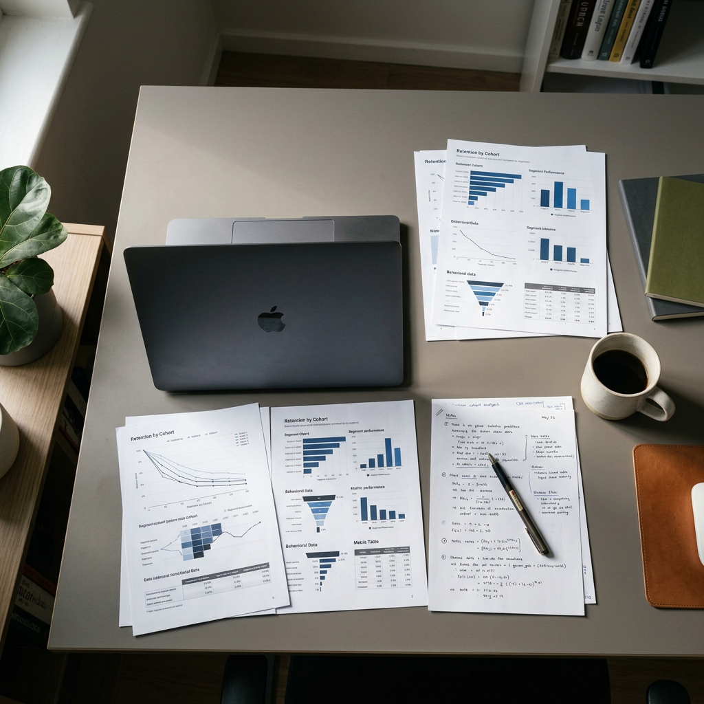 Analytical workspace with cohort analysis notes and laptop