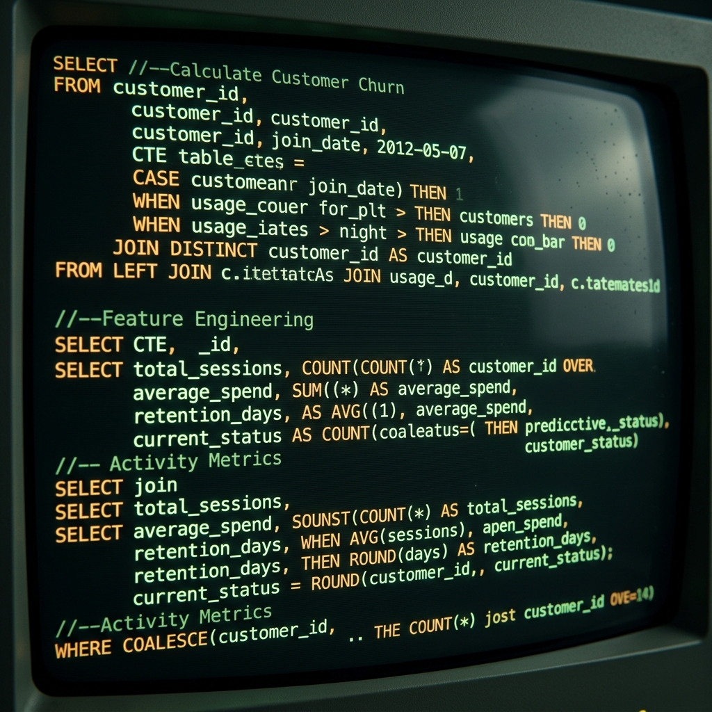 Terminal screen showing churn prediction SQL query code