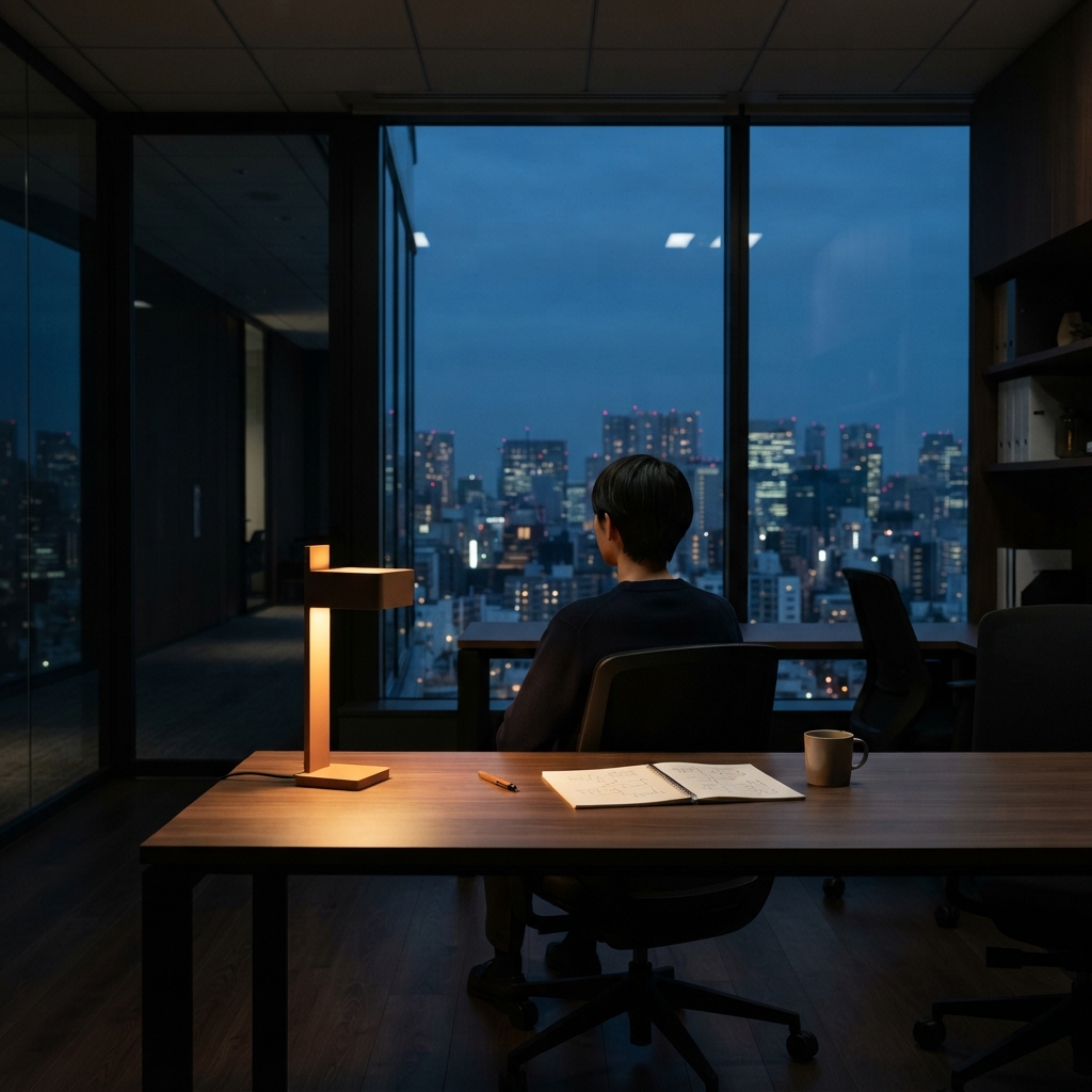 Professional at desk in quiet office during dusk