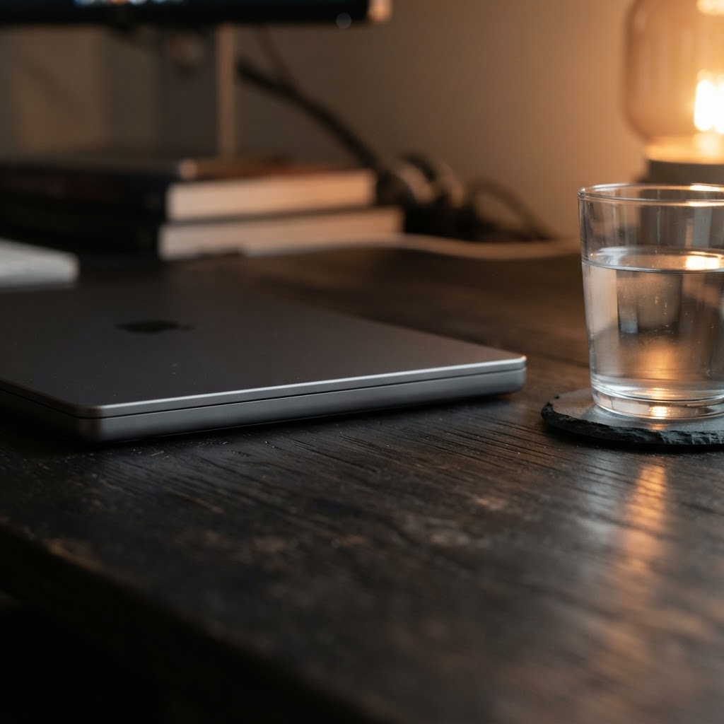 Clean professional workspace setup with a closed laptop