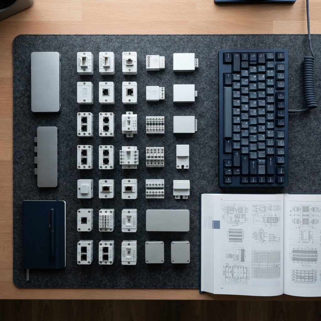 Professional workspace with organized modular hardware components